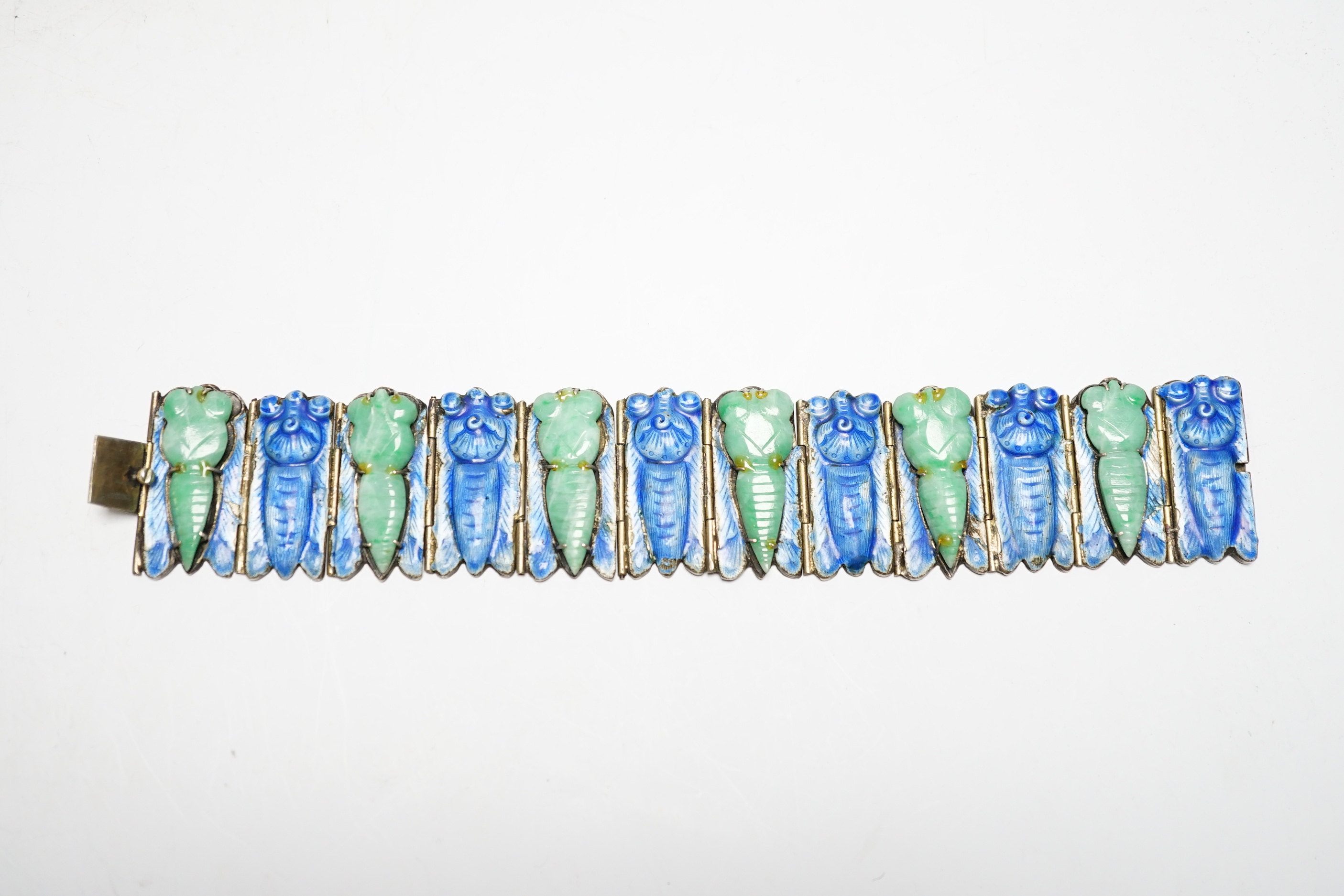 A Chinese gilt white metal, blue enamel and green hardstone set 'cicada' bracelet, 18cm.